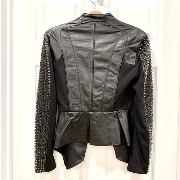 🌟 BEBE Black Genuine Leather Spiked Sleeves Peplum Moto Biker Jacket - Picture 12 of 16